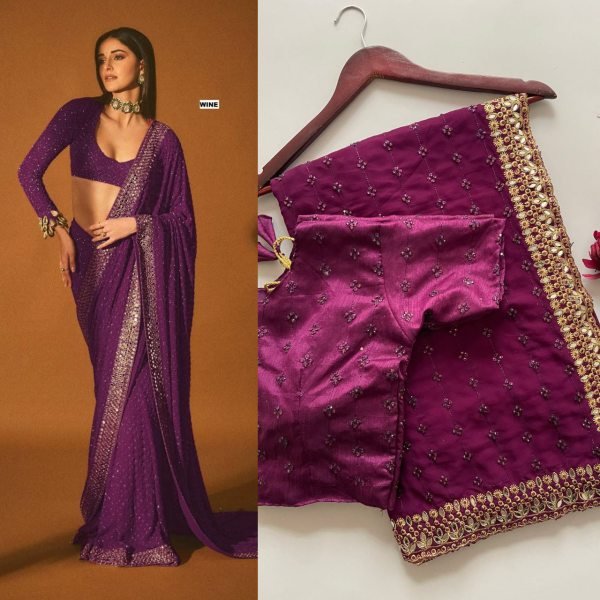 Wine Georgette Embroidery Saree At Export Quality for Bollywood Inspired Look Georgette Sarees Wholesale
