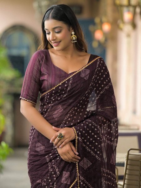 Wine Georgette Silk Saree with Stylish Bandhani Print and Unstitched Tapeta Blouse Trending Festive Outfit Sarees 