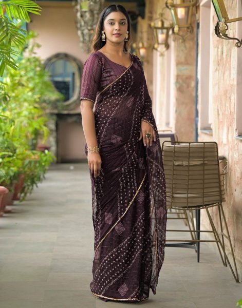 Wine Georgette Silk Saree with Stylish Bandhani Print and Unstitched Tapeta Blouse Trending Festive Outfit Georgette Sarees Wholesale