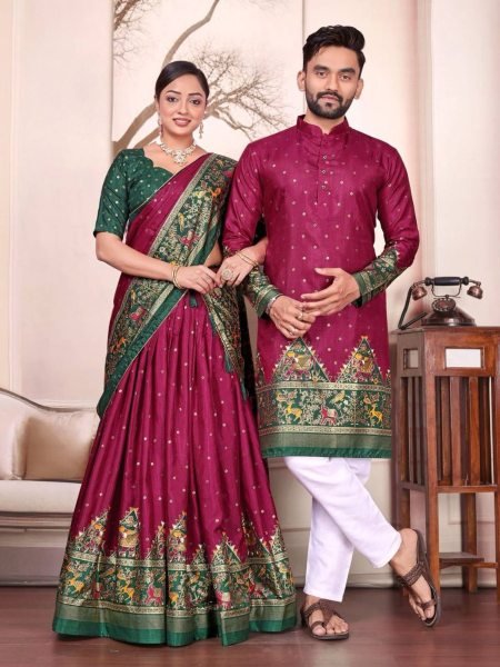 Wine   Green Dola Silk Couple Combo Patola Print Lehenga with Kurta Pajama Mens Wear