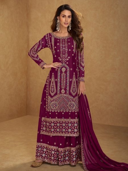 Wine Gulkayra Designer Hirni Embroidered Chinon Salwar Kameez Suit   Designer Plazzo Salwar Suits Wholesale