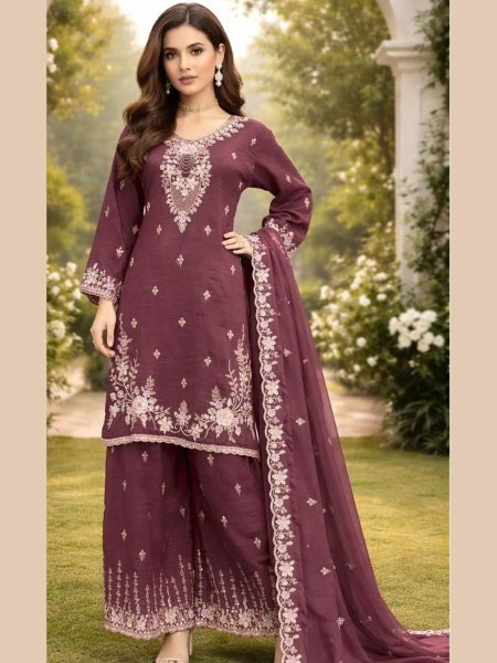 Wine Heavy Crunchy Beads Embroidered Palazzo Suit with Dupatta for Wedding Wear Salwar Kameez