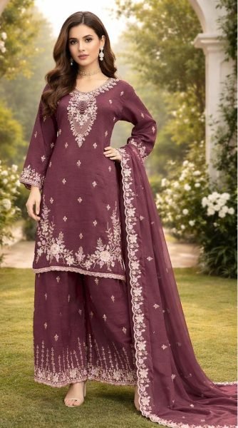 Wine Heavy Crunchy Beads Embroidered Palazzo Suit with Dupatta for Wedding Wear Designer Plazzo Salwar Suits Wholesale