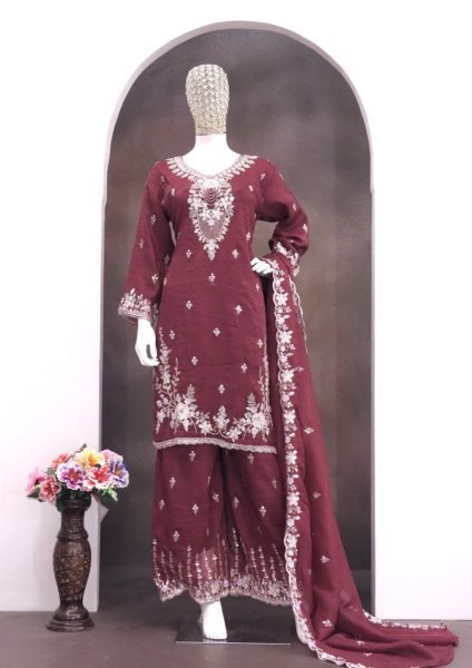 Wine Heavy Crunchy Beads Embroidered Palazzo Suit with Dupatta for Wedding Wear Designer Plazzo Salwar Suits Wholesale