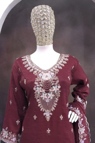 Wine Heavy Crunchy Beads Embroidered Palazzo Suit with Dupatta for Wedding Wear Designer Plazzo Salwar Suits Wholesale