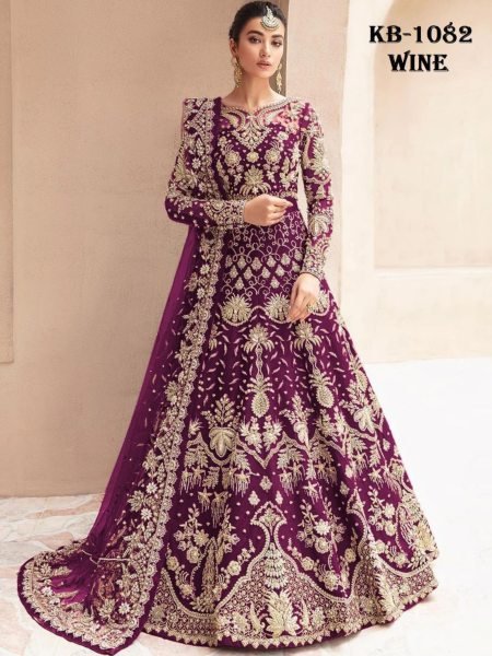 Wine Heavy Net Embroidered Bridal Anarkali with Dupatta for Reception Look Wedding Bridal Dress Wholesale