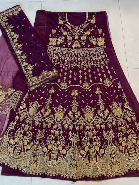 Wine Heavy Net Embroidered Bridal Anarkali with Dupatta for Reception Look Wedding Bridal Dress Wholesale