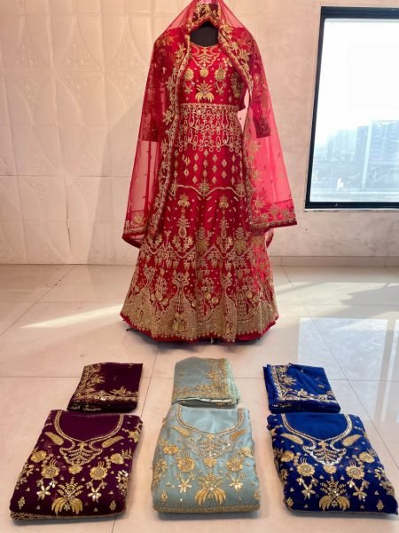 Wine Heavy Net Embroidered Bridal Anarkali with Dupatta for Reception Look Wedding Bridal Dress Wholesale