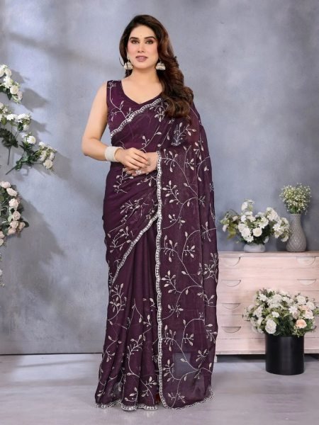 Wine hiffon Silk Saree With Delicate Floral Sequin Embroidery And Scalloped Border.  Embroidery Sarees Wholesale