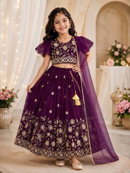 Wine Kids Georgette Lehenga Choli with Bhungali Embroidery and Net Dupatta 