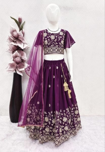 Wine Kids Georgette Lehenga Choli with Bhungali Embroidery and Net Dupatta Girls Wear