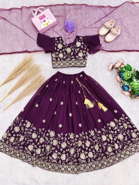 Wine Kids Georgette Lehenga Choli with Bhungali Embroidery and Net Dupatta Girls Wear