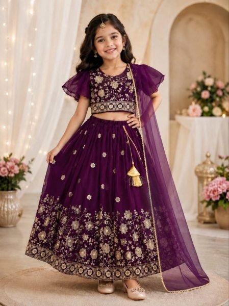 Wine Kids Georgette Lehenga Choli with Bhungali Embroidery and Net Dupatta Girls Wear