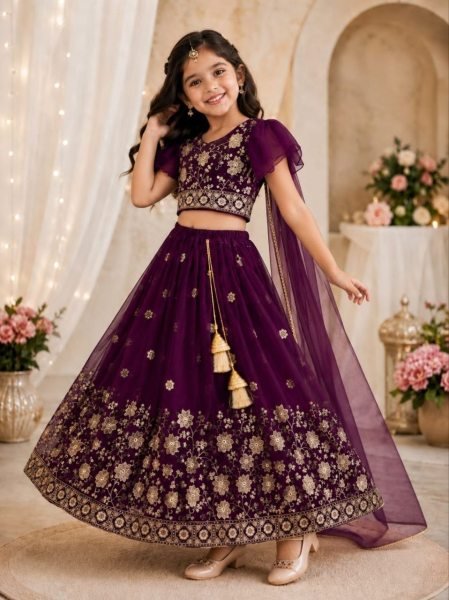 Wine Kids Georgette Lehenga Choli with Bhungali Embroidery and Net Dupatta Girls Wear