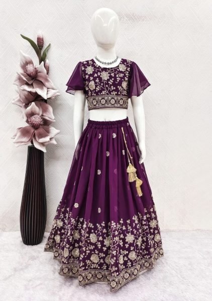 Wine Kids Georgette Lehenga Choli with Bhungali Embroidery and Net Dupatta Girls Wear