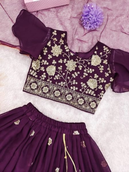 Wine Kids Georgette Lehenga Choli with Bhungali Embroidery and Net Dupatta Girls Wear