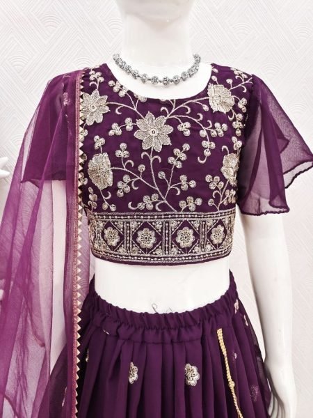 Wine Kids Georgette Lehenga Choli with Bhungali Embroidery and Net Dupatta Girls Wear