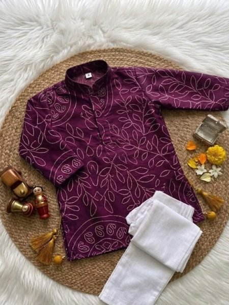 Wine Kids Pure Crepe Gajji Silk Ajrakh Printed Kurta Pant Set for Festival 