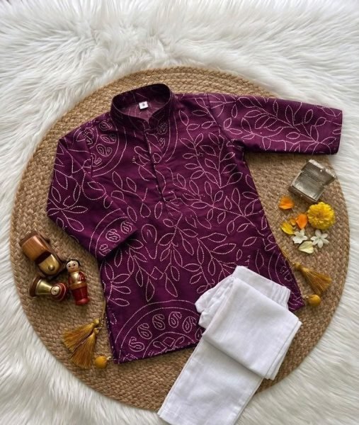 Wine Kids Pure Crepe Gajji Silk Ajrakh Printed Kurta Pant Set for Festival Boys Wear