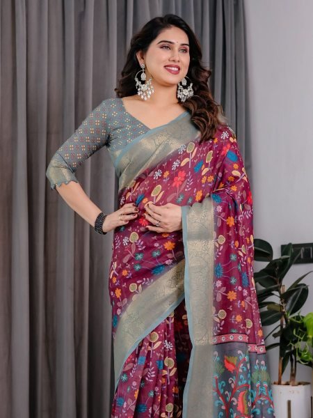Wine Linen Floral Print Saree with Zari Border Wholesale Surat