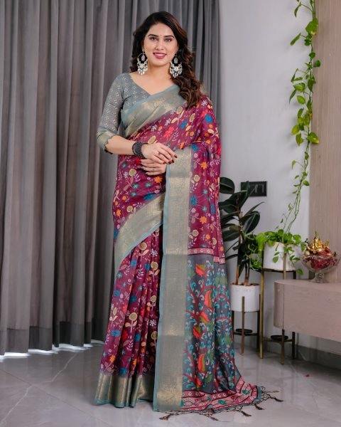 Wine Linen Floral Print Saree with Zari Border Wholesale Surat Printed Cotton Sarees Wholesale