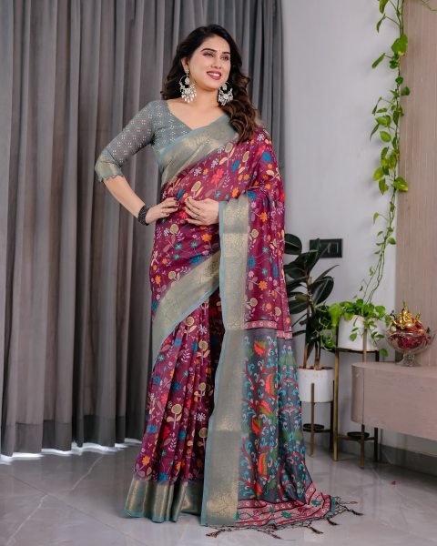 Wine Linen Floral Print Saree with Zari Border Wholesale Surat Printed Cotton Sarees Wholesale