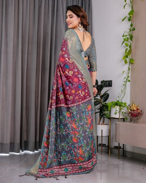 Wine Linen Floral Print Saree with Zari Border Wholesale Surat Printed Cotton Sarees Wholesale
