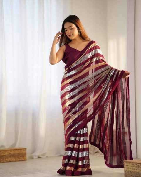 Wine Maroon Georgette Partywear Saree with Sequin   Embroidery Work Wholesale Export Quality Georgette Sarees Wholesale