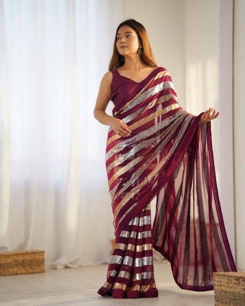 Wine Maroon Georgette Partywear Saree with Sequin   Embroidery Work Wholesale Export Quality Georgette Sarees Wholesale