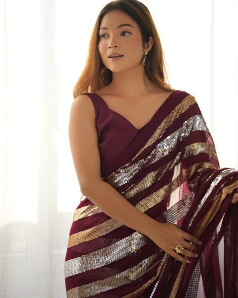 Wine Maroon Georgette Partywear Saree with Sequin   Embroidery Work Wholesale Export Quality Georgette Sarees Wholesale