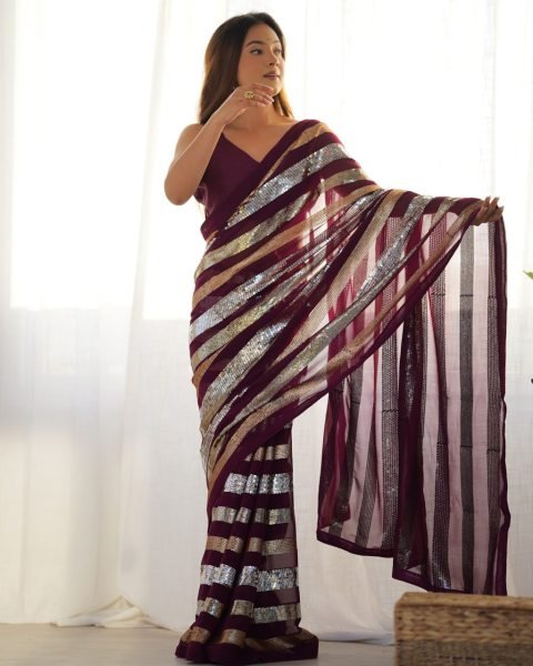 Wine Maroon Georgette Partywear Saree with Sequin   Embroidery Work Wholesale Export Quality Georgette Sarees Wholesale