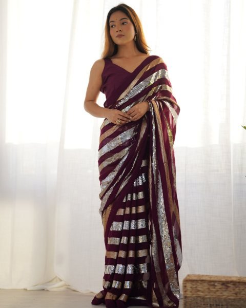 Wine Maroon Georgette Partywear Saree with Sequin   Embroidery Work Wholesale Export Quality Georgette Sarees Wholesale