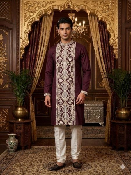 Wine Mens Royal Silk Kurta with Embroidery Sequence Work for Wedding Wear 