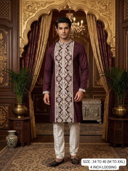 Wine Mens Royal Silk Kurta with Embroidery Sequence Work for Wedding Wear Kurta Pajama Wholesale