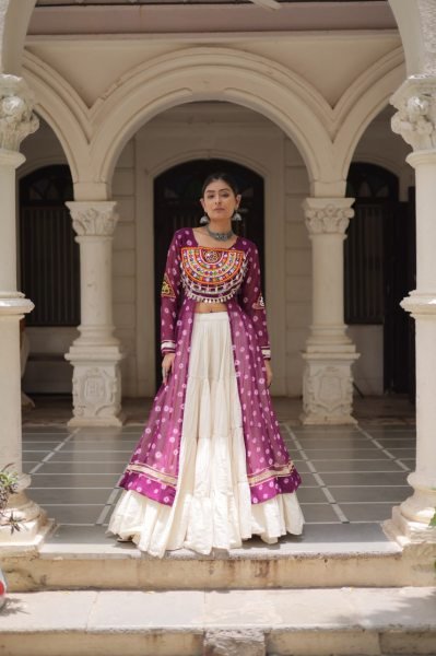 Wine Navratri Kurti with Heavy Mirror Work and Flared Lehenga for Resellers Navratri Collection