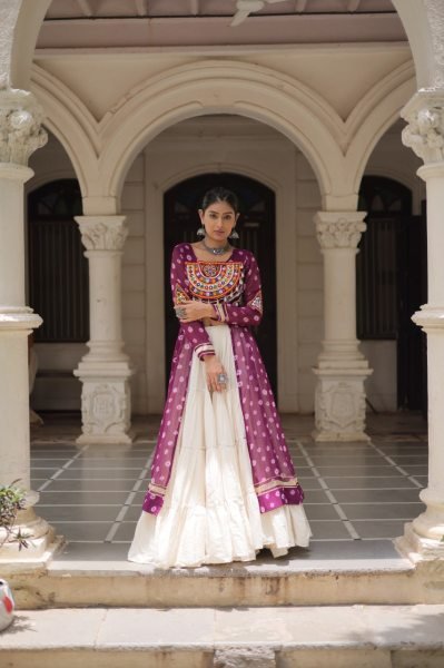 Wine Navratri Kurti with Heavy Mirror Work and Flared Lehenga for Resellers Navratri Collection