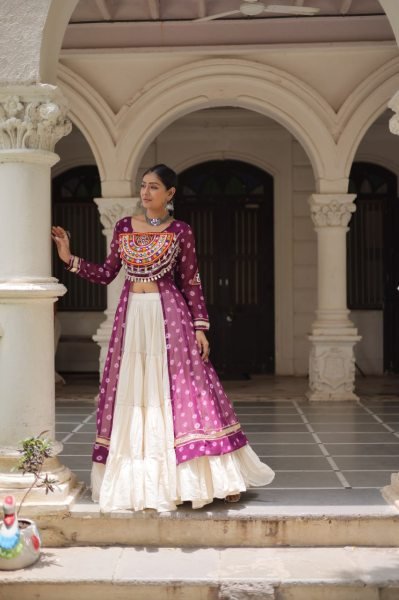 Wine Navratri Kurti with Heavy Mirror Work and Flared Lehenga for Resellers Navratri Collection