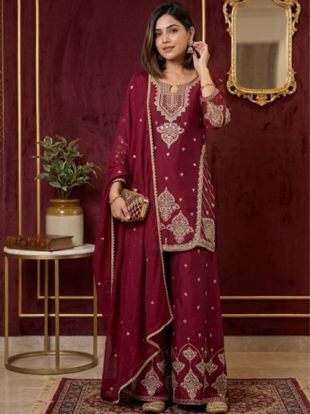 Wine pink Rangoli  Crush with Heavy Embroidery & Sequence Kurti Palazzo With Lace Dupatta Apparel Manufacturer 