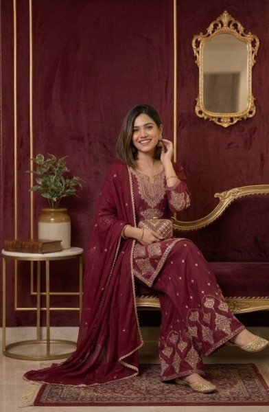 Wine pink Rangoli  Crush with Heavy Embroidery & Sequence Kurti Palazzo With Lace Dupatta Apparel Manufacturer Ready To Wear Collection