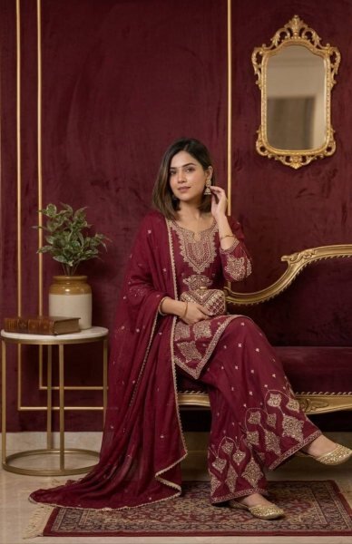 Wine pink Rangoli  Crush with Heavy Embroidery & Sequence Kurti Palazzo With Lace Dupatta Apparel Manufacturer Ready To Wear Collection