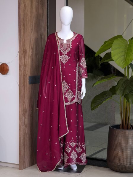 Wine pink Rangoli  Crush with Heavy Embroidery & Sequence Kurti Palazzo With Lace Dupatta Apparel Manufacturer Ready To Wear Collection