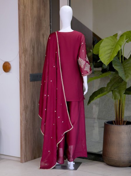 Wine pink Rangoli  Crush with Heavy Embroidery & Sequence Kurti Palazzo With Lace Dupatta Apparel Manufacturer Ready To Wear Collection