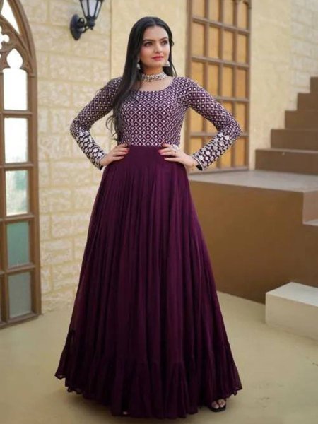 Wine Purple Georgette Gown with Thread Embroidery Ready for Party Wear Plus Size Kurti / Gown