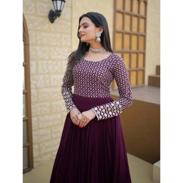 Wine Purple Georgette Gown with Thread Embroidery Ready for Party Wear Georgette Kurti 