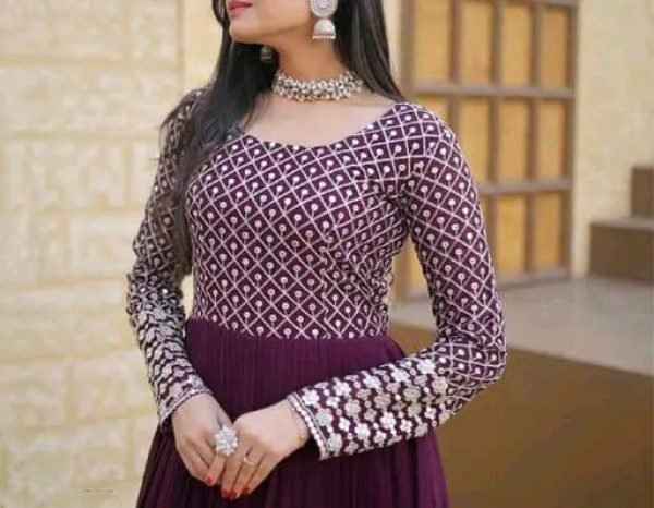 Wine Purple Georgette Gown with Thread Embroidery Ready for Party Wear Georgette Kurti 