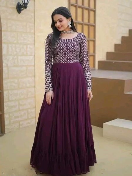 Wine Purple Georgette Gown with Thread Embroidery Ready for Party Wear Georgette Kurti 