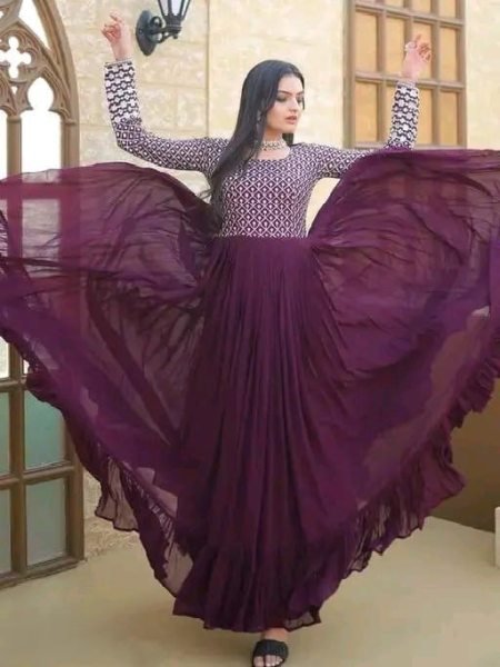 Wine Purple Georgette Gown with Thread Embroidery Ready for Party Wear Georgette Kurti 