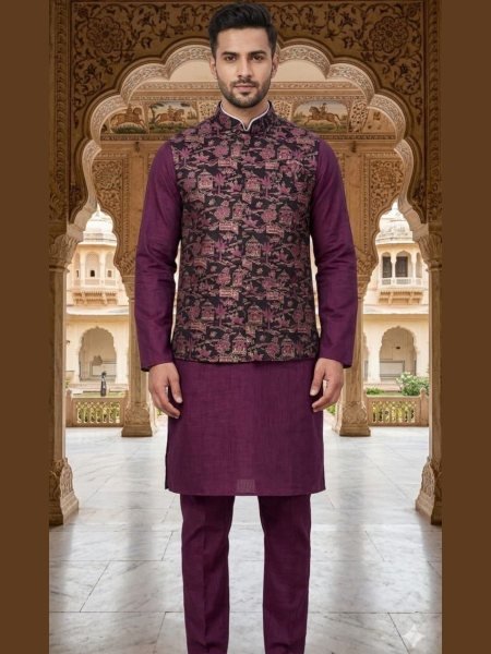 Wine Purple Silk Kurta Pajama with Embroidered Nehru Jacket Set 