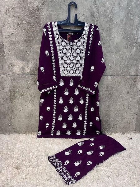 Wine Ready to Wear Pakistani Co Ord Set HOOR TEX in Heavy Rayon Salwar Kameez