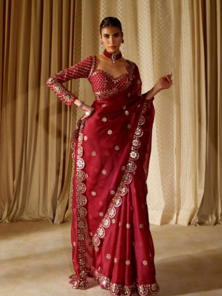 Wine Satin Georgette Saree with Heavy Mirror Work and Designer Blouse Perfect for Party Glam Sarees 